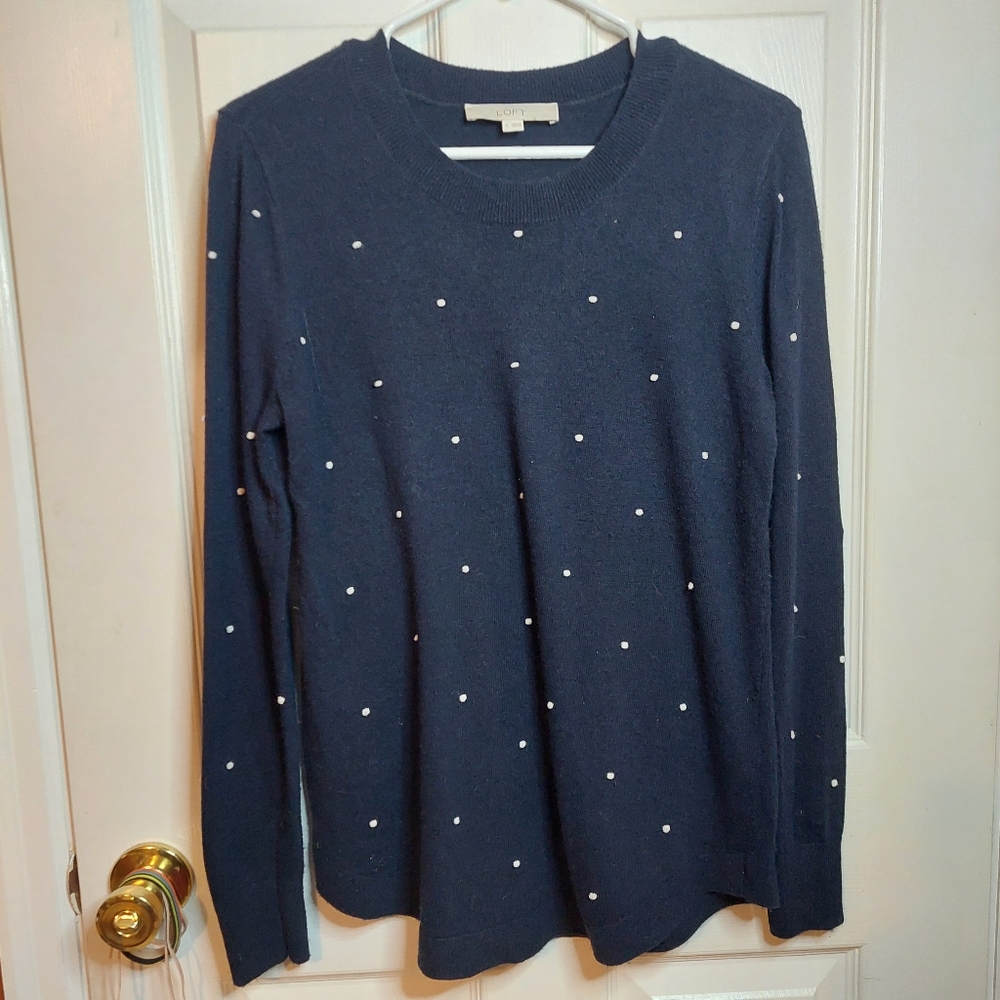 Loft Navy Blue White Polka Dot Wool Blend Knit Crewneck Sweater Preppy Size S